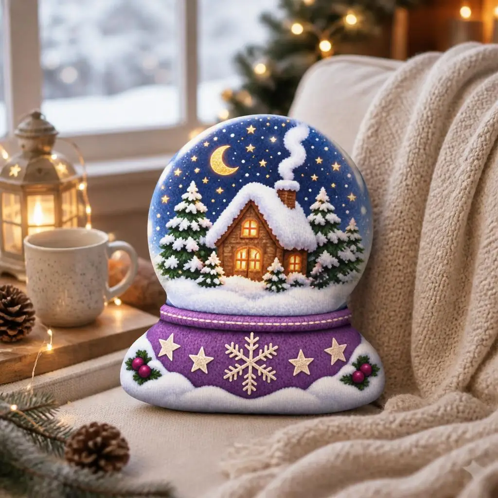 Christmas Snow Globe Plush Pillow Winter Cottage Cushion Stuffed Throw Pillow Holiday Home Decor Sofa Gift for Winter Lovers