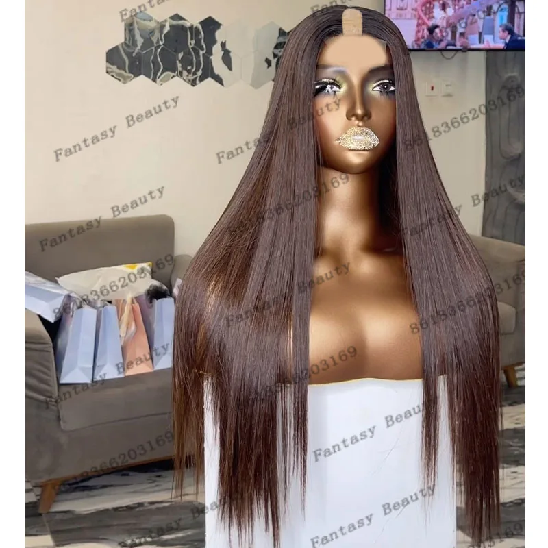 

Highlight 99J Burgundy Blonde Silky Straight Human Hair U Part Wigs for Black Women Easy Wear Glueless Opening U Part Wigs