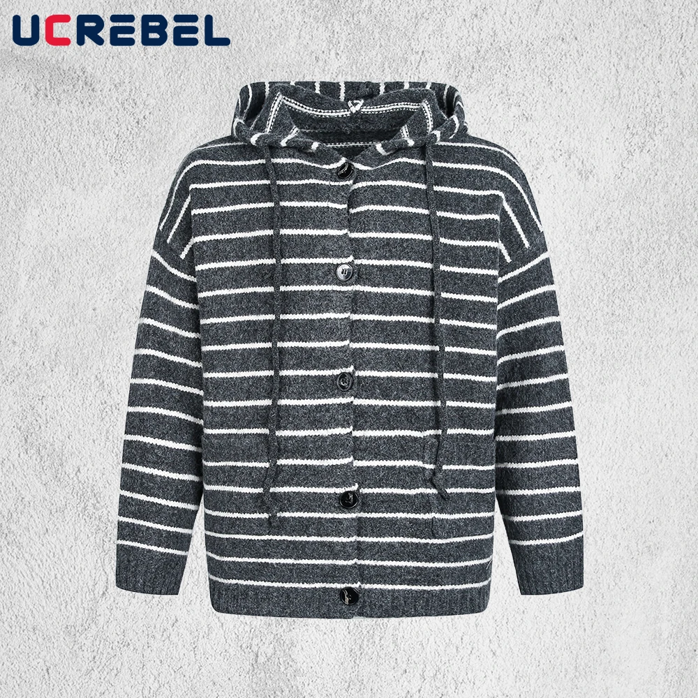 

Полосатый свитер с капюшоном, мужской осенне-зимний ретро уличный однобортный свободный вязаный свитер с длинными рукавами, мужской кардиган