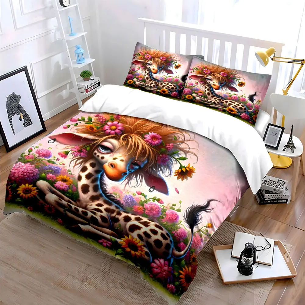 Lazy giraffe adorned with flowers Duvet Cover Set with 3D Printing Design Soft Polyester Bedding Set All-Season Comfort