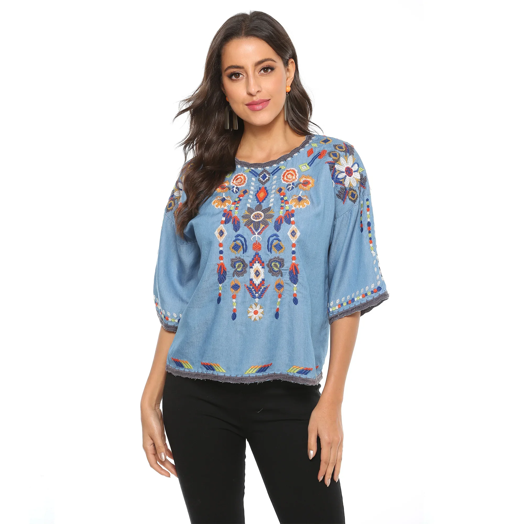 Eaeovni Women\'s Summer Boho Embroidered Mexican Shirts long Sleeve Casual Tops Blouse Denim Peasant Blouse