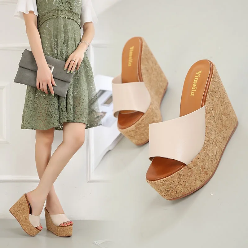 Wedge Platform Slippers Faux Leather Open Toe Cork Wedge Heel Slide Women Sandals Casual Summer Beach Vacation Outdoor Footwear