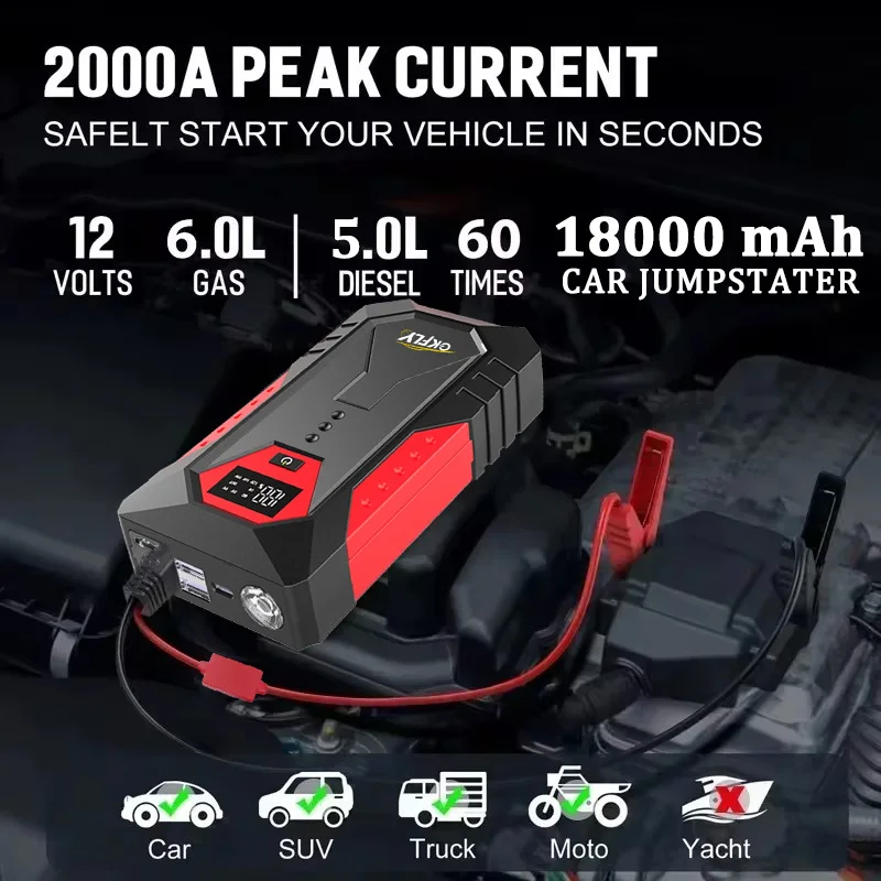 12 فولت سيارة الانتقال كاتب المحمولة 18000 مللي أمبير البنزين الديزل بدء جهاز كابلات المحمولة قوة البنك 2000A شاحن بطارية السيارة المغفل #2