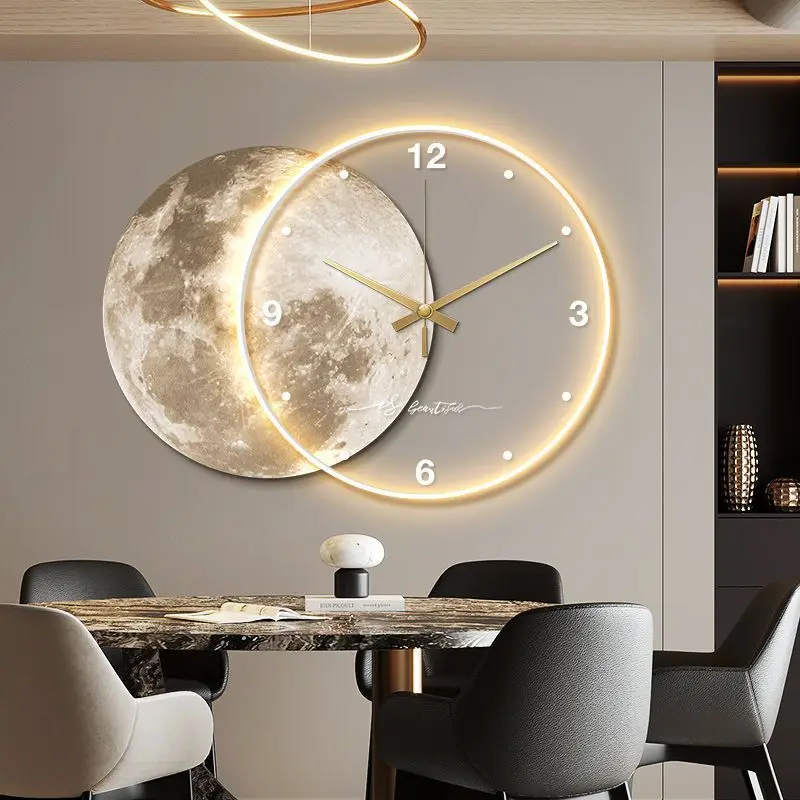 Large Dining Room Living Room Wall Clock Luxury Moon The Earth Modelling LED Light Silent Movement  Bedroom Wall Decoration Gift