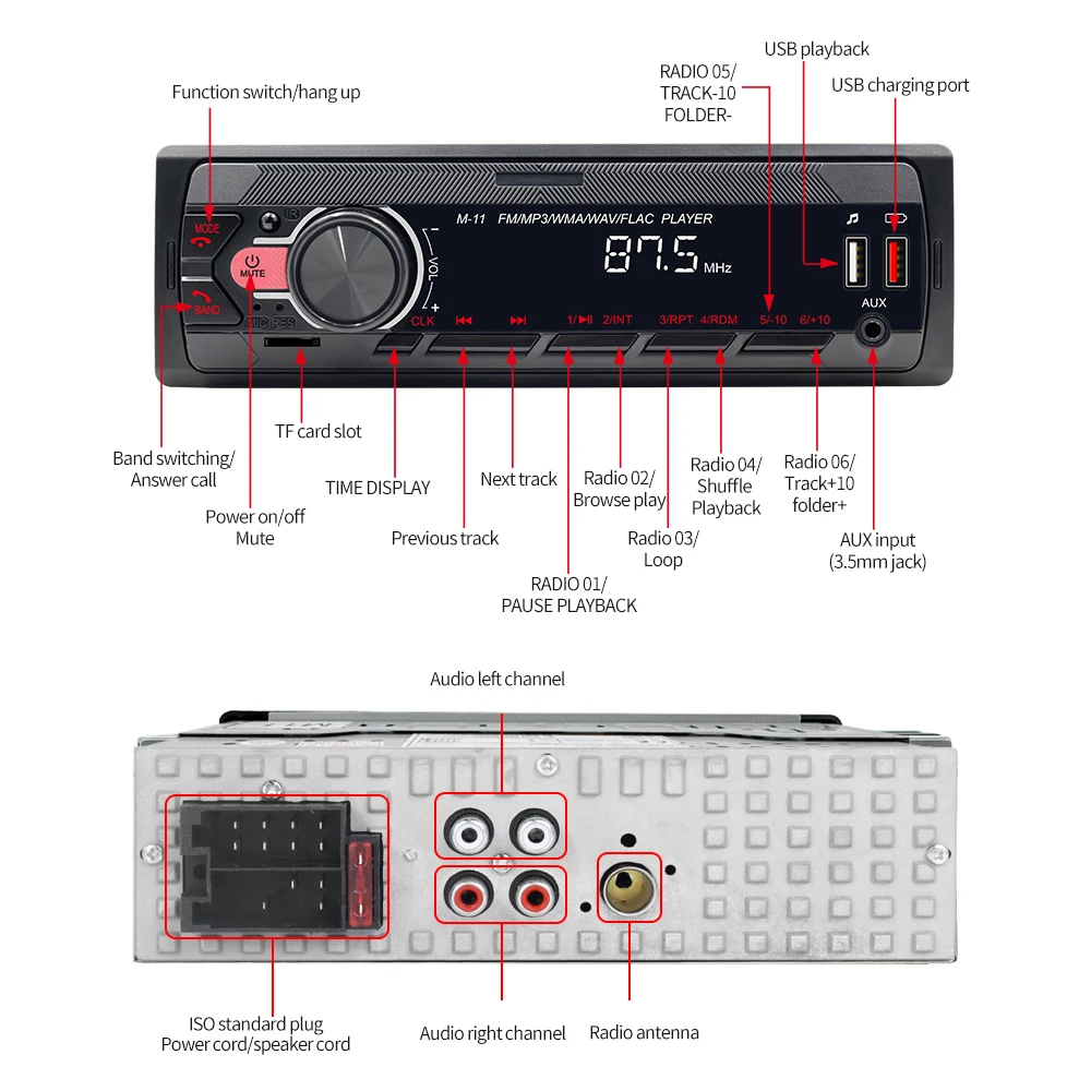 Podofo 12V Universeller Auto-MP3-Player USB SD AUX-IN Autoradio-Player FM LCD-Bildschirm Bluetooth RCA-Anschluss USB Smart Intelligentes System – Detail 15