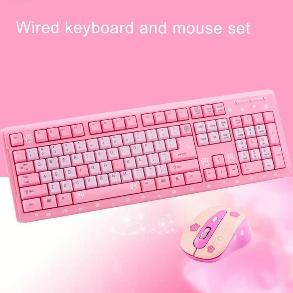 1 Set Wired Keyboard Mouse Combos for Desketop Laptop NotebookCute Cartoon Cat Pattern Pink Girl Keyboard and Mouse Set