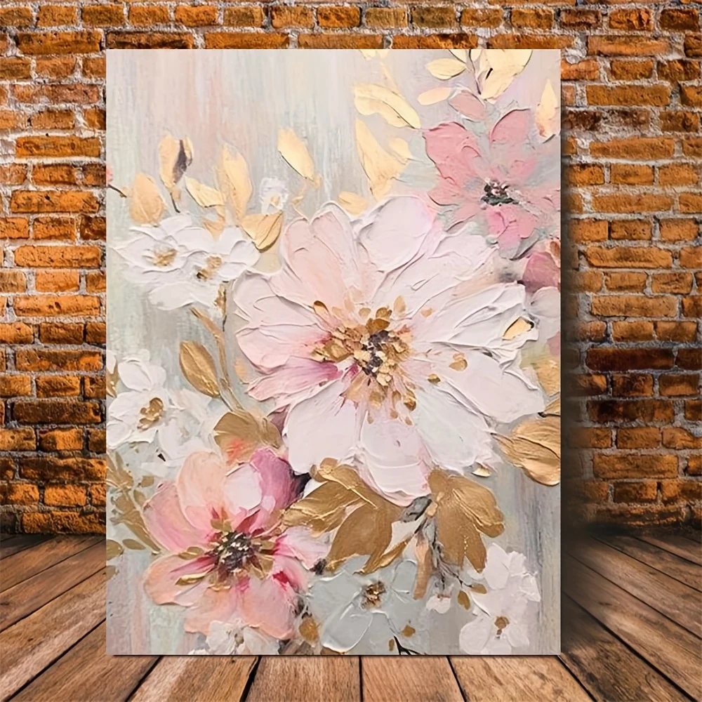 1pc Contemporary  Floral Canvas Wall Art No Frame, Textured Pink & Peach Flowers on Greenish-Gray Background, Perfect for Living