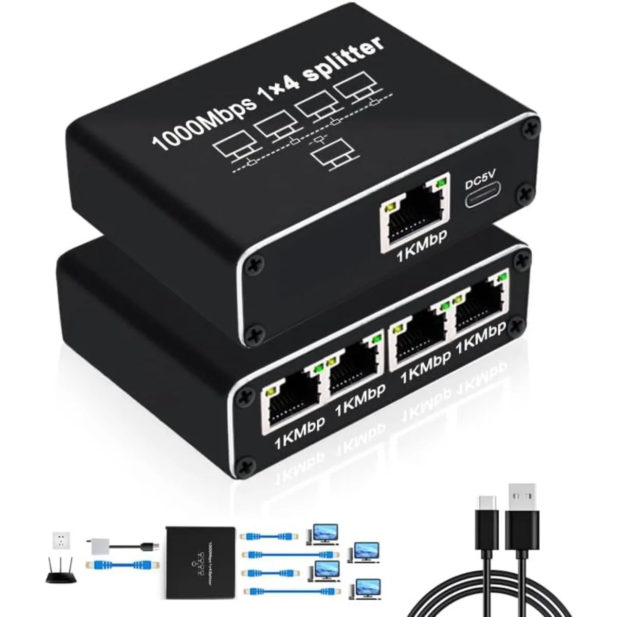 Splitter Ethernet da 1 a 4 LAN ad alta velocità, Gigabit 1000Mbps RJ45 Splitter Distributore Internet di rete a 4 uscite con cavo di alimentazione USB