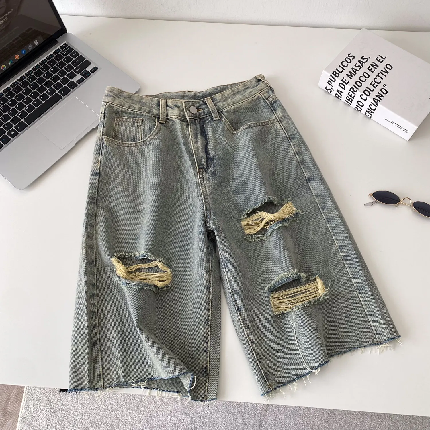 Ladies' Ripped Hole Denim Shorts High Waist Loose Five Quarter Jeans 2026  Summer New Denim Shorts Casual Light Blue