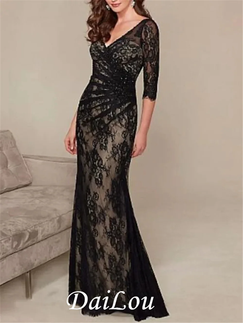 

Sheath / Column Open Back Formal Evening Dress Plunging Neck 3/4 Length Sleeve Floor Length Lace with Ruched