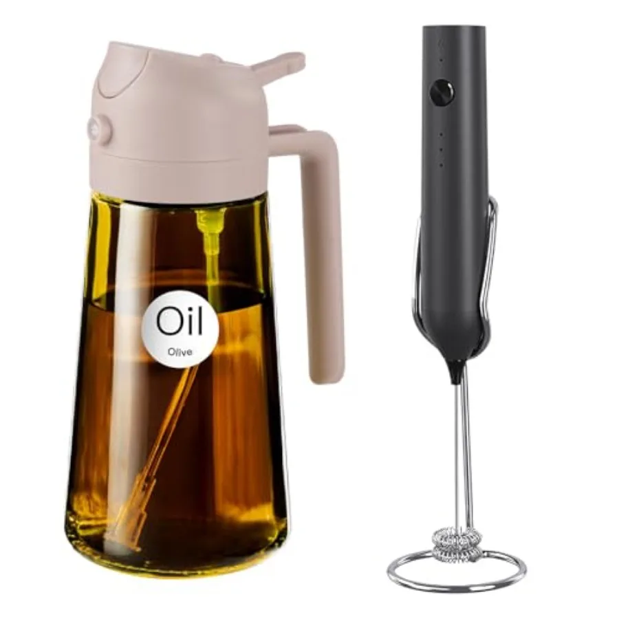 Rociador de Aceite de Oliva de Vidrio de 16oz/470ml en Color Rosa Raíz de Loto con Varilla Espumadora de Leche Recargable para Uso en la Cocina, Cuerpo de Vidrio Duradero