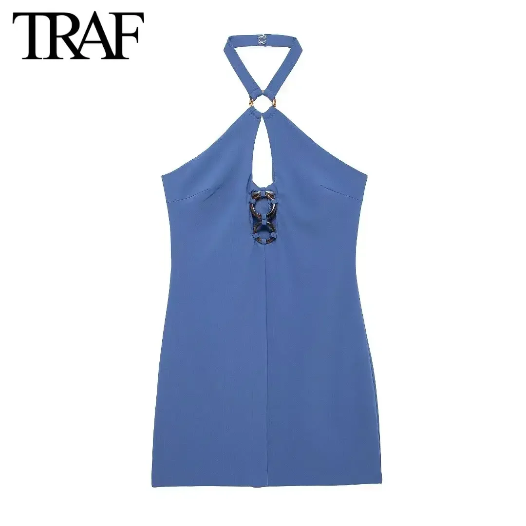 TRAF Women Fashion Summer New Sexy Back Zip Hollow Halter Backless Sleeveless Short Dresses Chic Female Vintage Evening