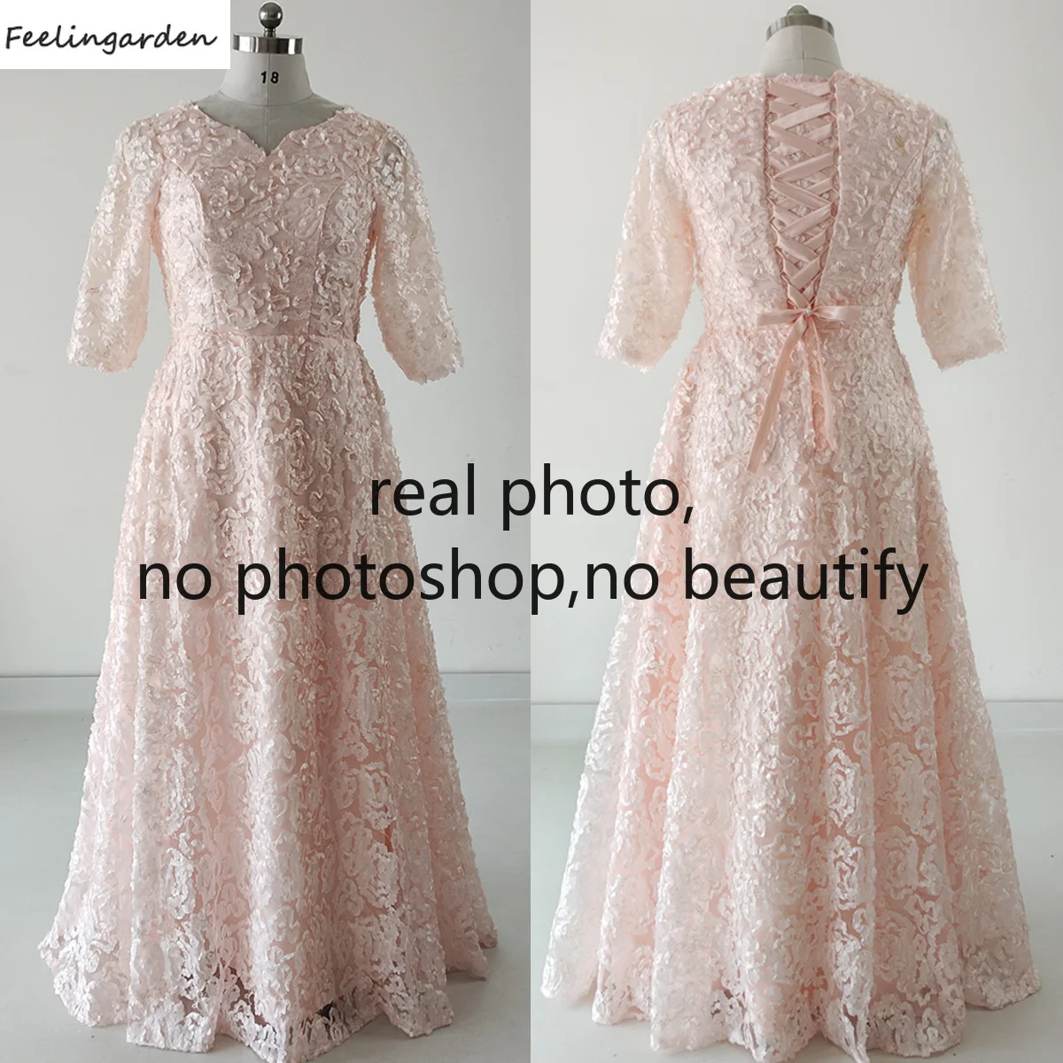 

Feelingarden Evening Dress Plus size Real Photo Pink Rose Tulle V-neck Half Sleeves A-line Floor Length Women Party Formal Gowns