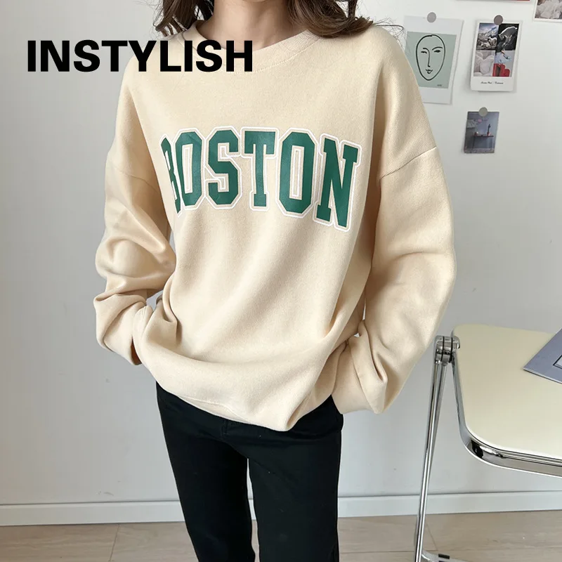 Women Korean Letter Print Cotton Hoodies Casual Long Sleeve Autumn Sweatshirt Vintage Harajuku Streetwear Loose Tops Clothing