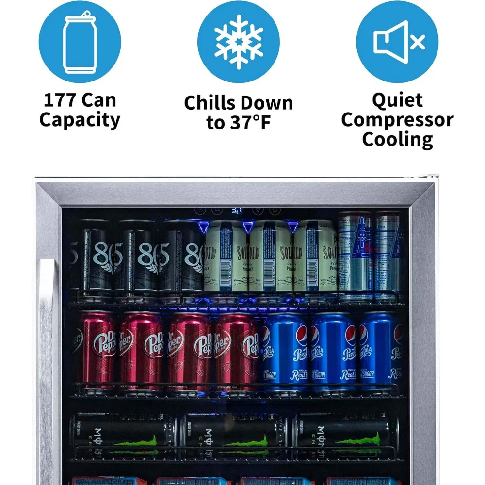 Bebidas Refrigerador Refrigerador com 177 Pode Capacidade, Aço Inoxidável, Mini Bar, Cerveja Geladeira com Dobradiça Reversível, Porta De Vidro