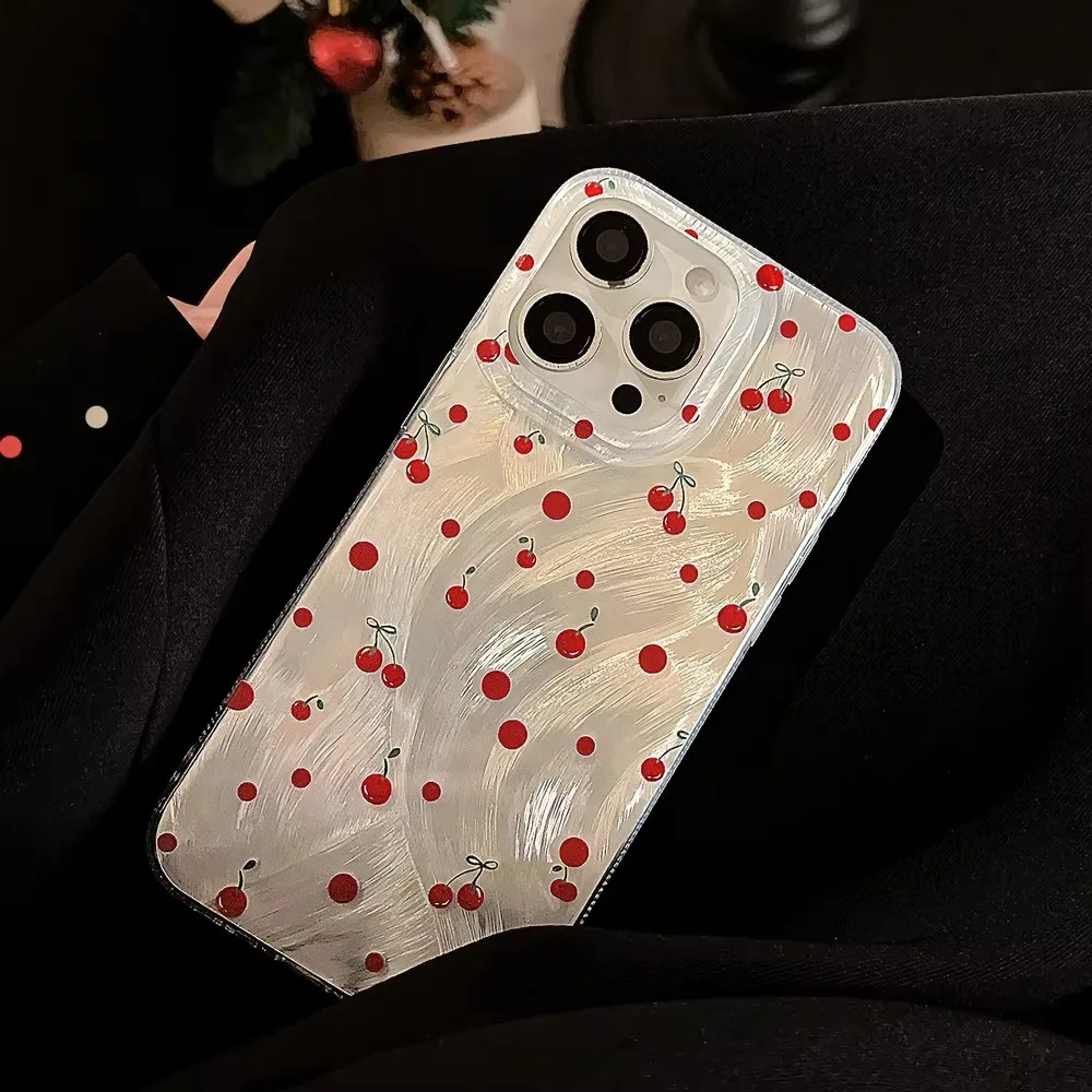 Luxury Laser Silver Cheery Phone Case For Samsung Galaxy S25 S24 Ultra 5G S23 S21 FE S22 Plus A55 A15 A35 A54 A34 A05 A05S Cover