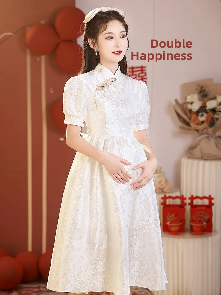 

New Chinese Sle Materni Qipao High Waist Summer White Wedding Dr Women's plus Size Fro for Registration And Engagement