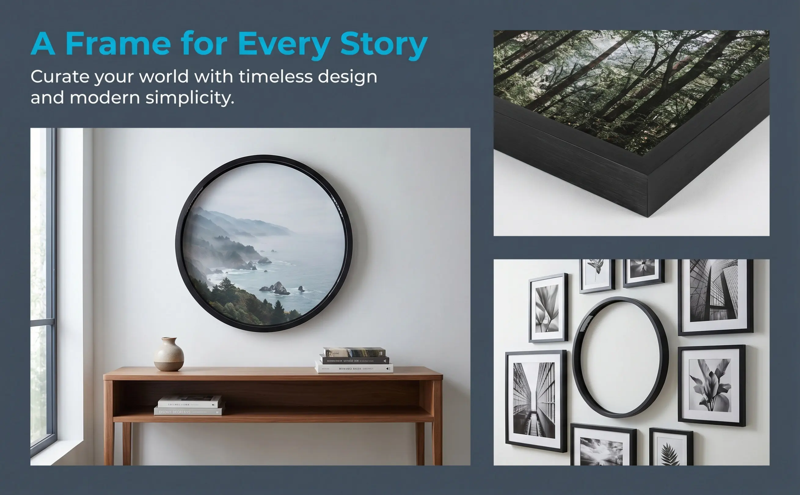Brushed Matte Black Aluminum Alloy Circular Picture Frame 12 Inch Round Frame for Oil Painting Prints Posters Canvas Wall Art