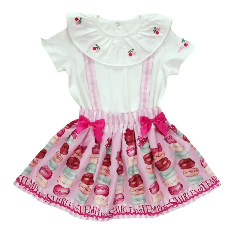 ST Kids Princess Summer New Girls Macaron Cake Full Printed Bow Strap Skirt