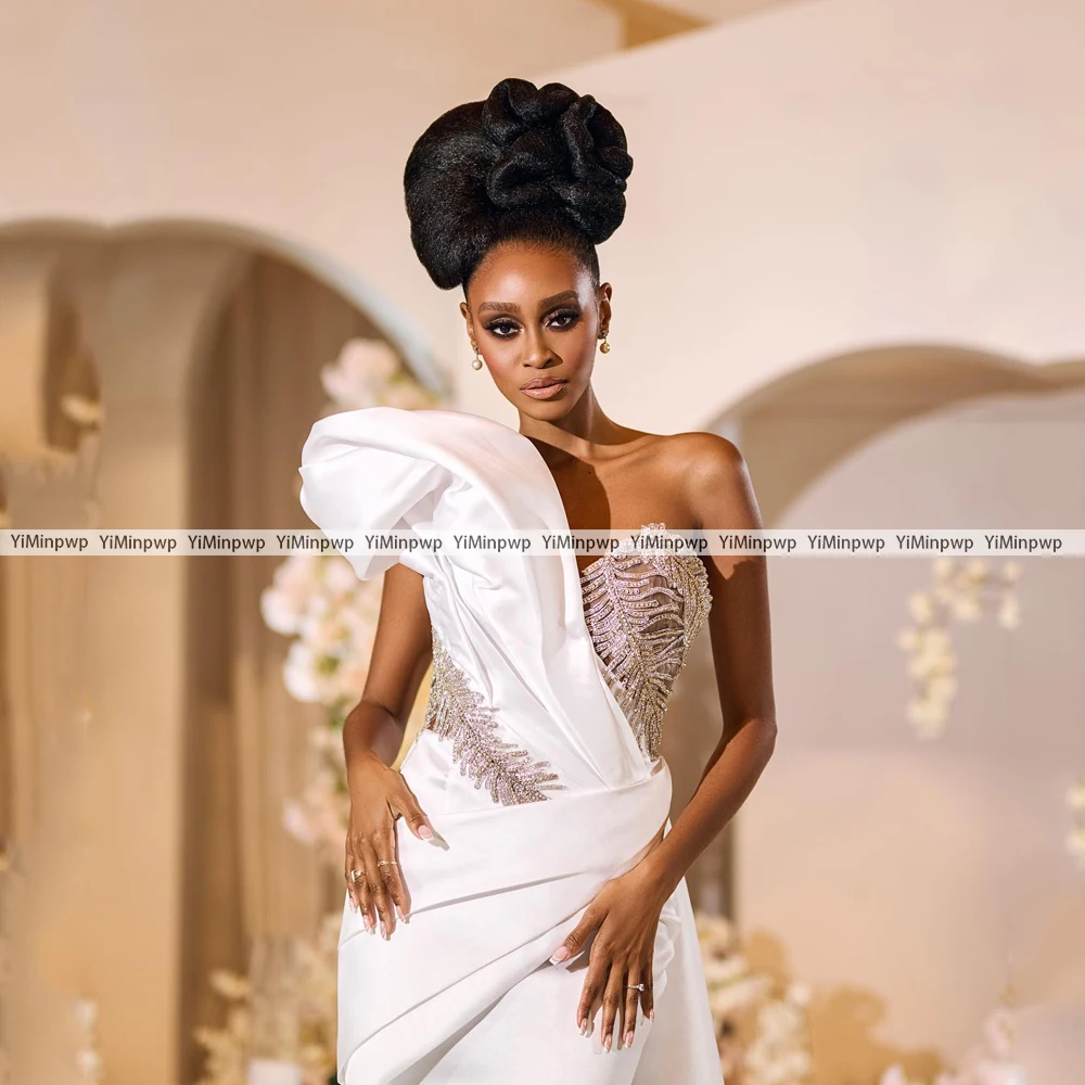 아프리카 인어 웨딩 드레스 럭셔리 2025 원 숄더 코르셋 스윕 트레인 크리스탈 로브 드 마리에 2025 신부 가운 맞춤형