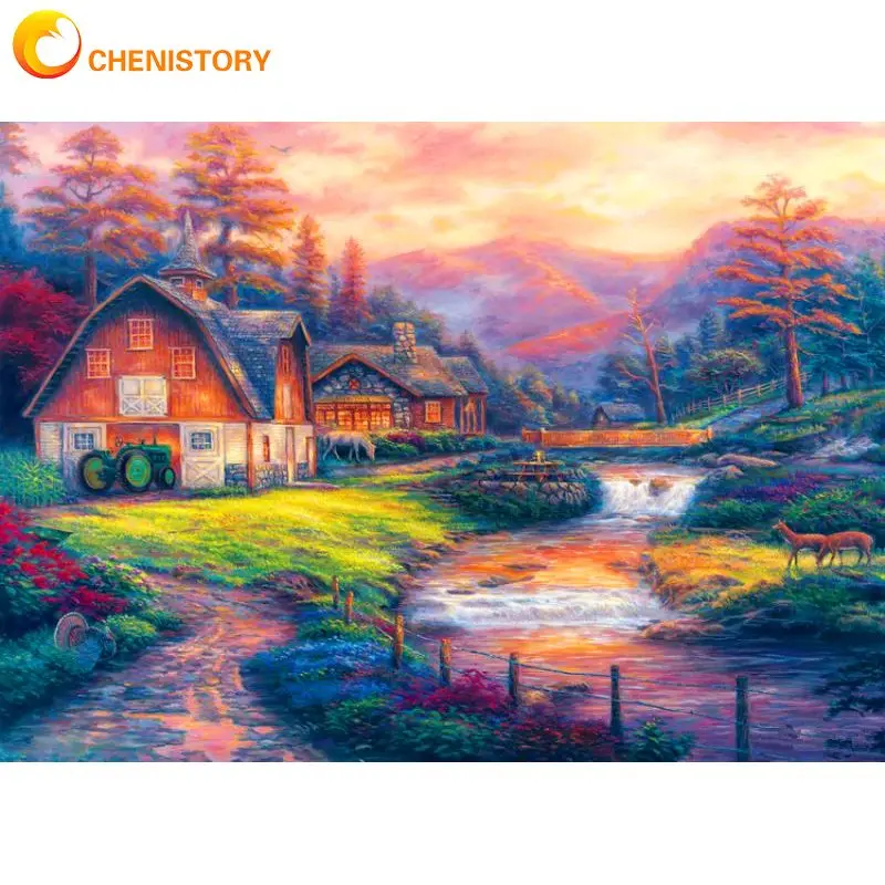 

CHENISTORY Modern Painting By Numbers For Handiwork Decorative Painting Colorful Countryside Town Personalized Gift For Beginner