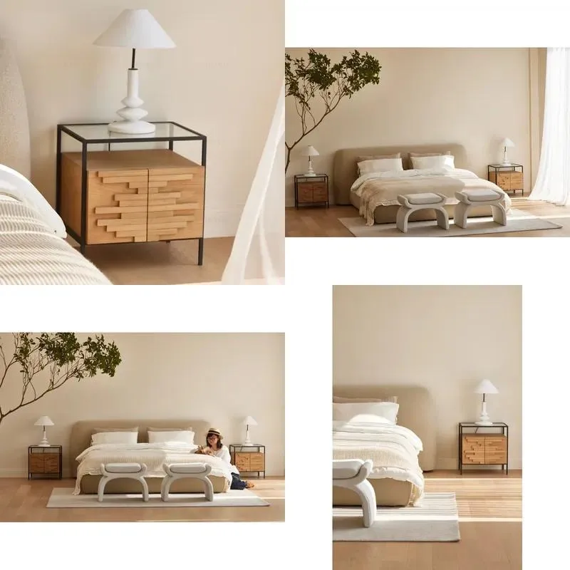 Modern Scandinavian Bedside Table Steel Frame Recycled Oak Wood Nightstand Luxury Elegant Bedroom Storage Cabinet Furniture