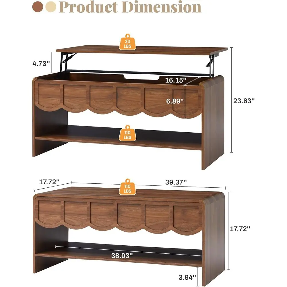 Lit Top Coee Table with Hidden Comparent, 2 Tier Wooden Center Table with Wave Panel, ern Lit Tabletop or Home Living Room Oice,