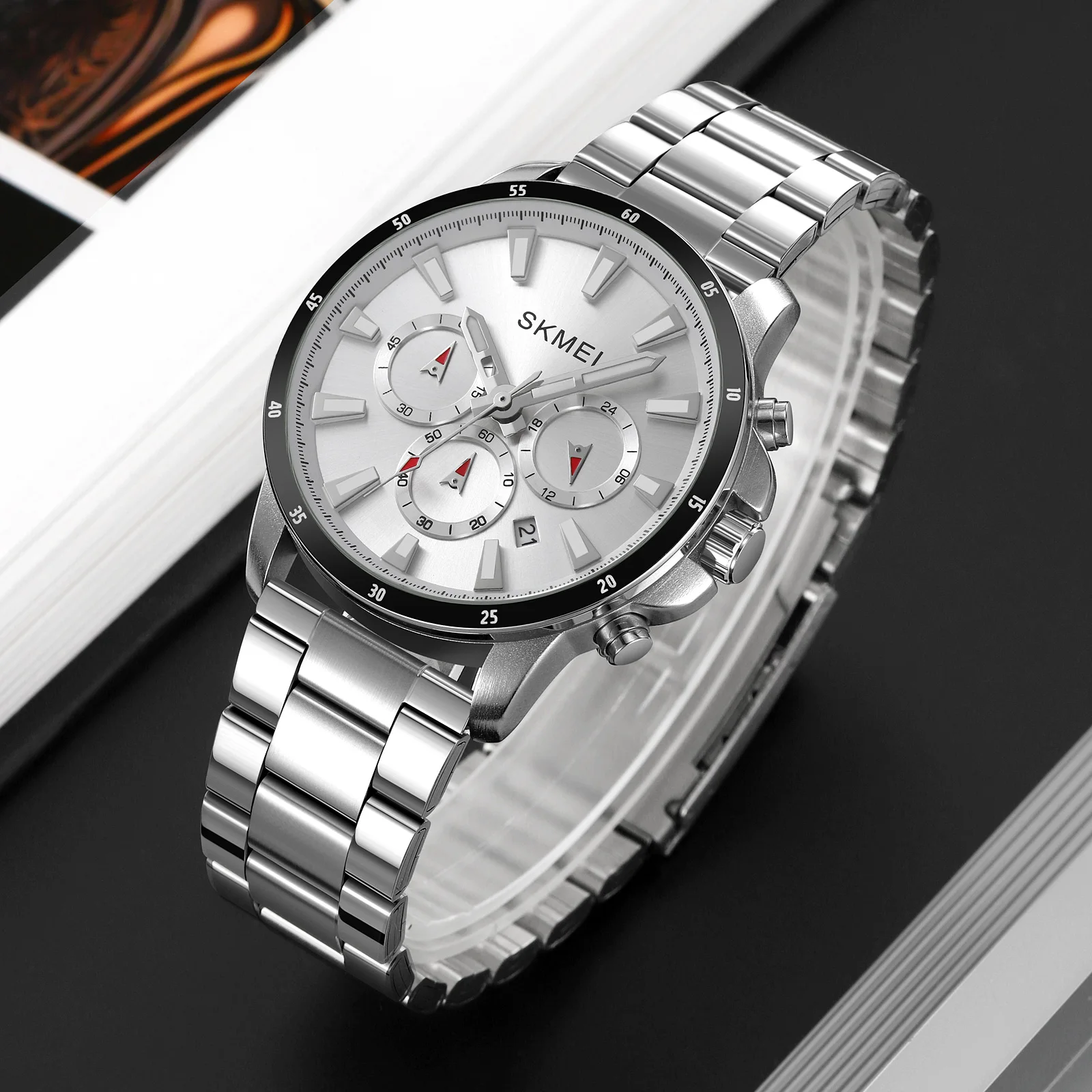 SKMEI นาฬิกาผู้ชาย2295สามตาหกเข็ม, นาฬิกามัลติฟังก์ชั่นนาฬิกาควอทซ์หน้าปัดใหญ่คลาสสิก