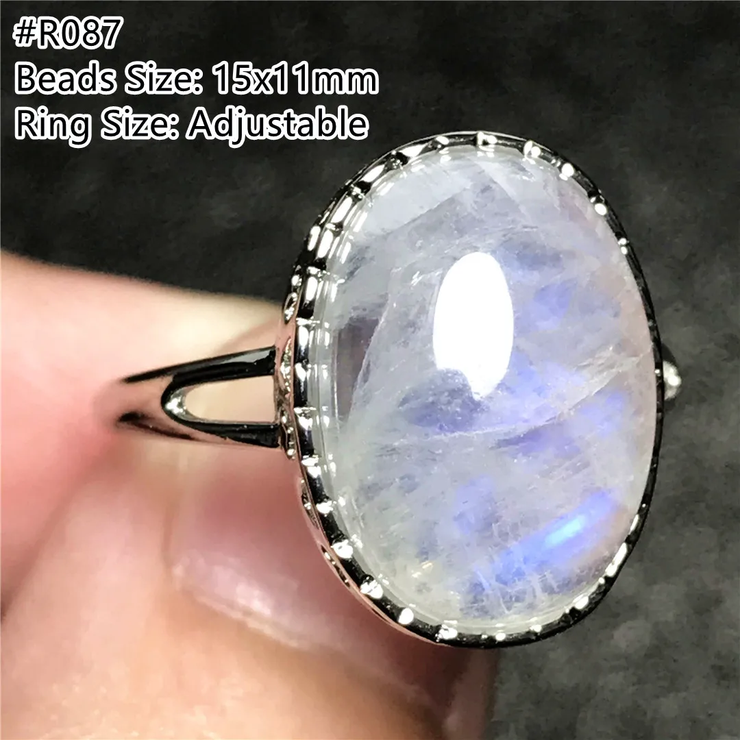 Natural Blue Light Moonstone Ring Silver For Women Healing Luck Gift Crystal Oval Beads Stone Gemstone Adjustable Ring AAAAA