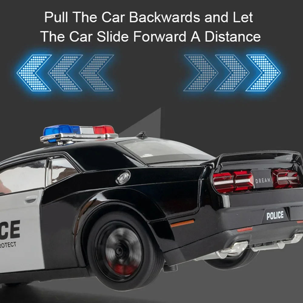 Voiture de police Dodge Hellcat en alliage moulé sous pression avec son et lumière, jouet de véhicule à 4 portes ouvertes, cadeau d'anniversaire pour garçon, 1:24