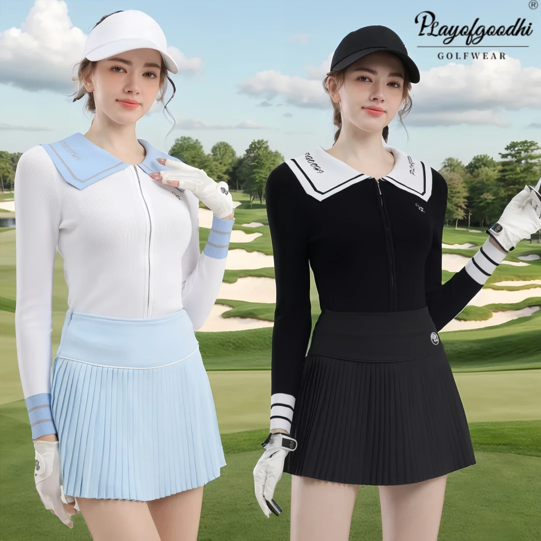 

PLA Golf Clothing Women's Autumn/Winter Golf Knitted Sweater Women's Warm and Slim Korean Golf Long Sleeve Set Women's Skirt