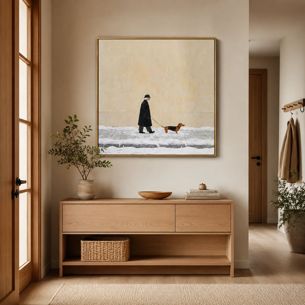 The First Snowfall – Wintry Folk Man & Dog Portrait Painting | Minimalist Square Entryway Art for Bedroom, Living Room, Office view 5