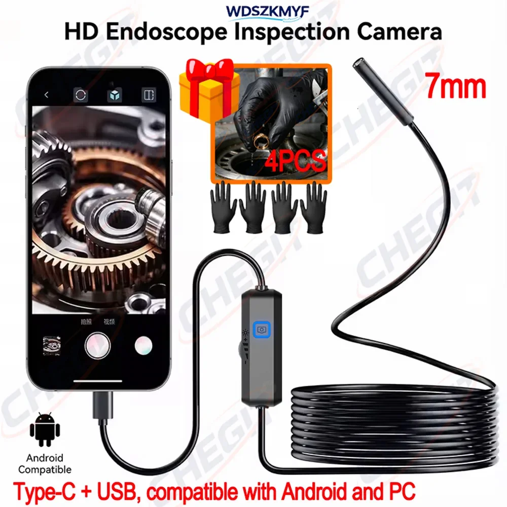 7MM TYPE-C USB Android Endoscope Camera IP67 Waterproof 6 LED Adjustable Borescope Mini Camera for Pipeline Inspection With Gift