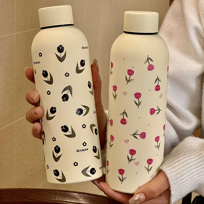 Original Cute Flower Tulip Thermos Bottle 304 Stainless Steel Insulation Water Cup Portable Small Mouth Keep Cold Tumbler Cup