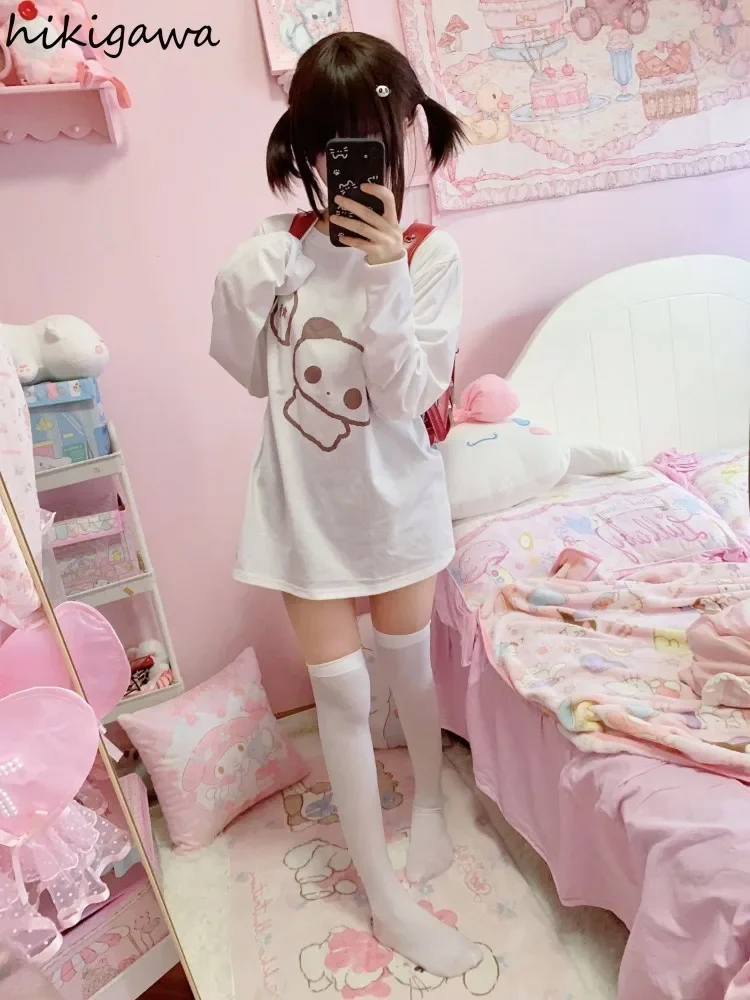 2024 Shirts for Women Japanese Tshirts Preppy Style Fashion White Tees O-neck Long Sleeve Cartoon T Shirt Casual Korean Y2k Tops