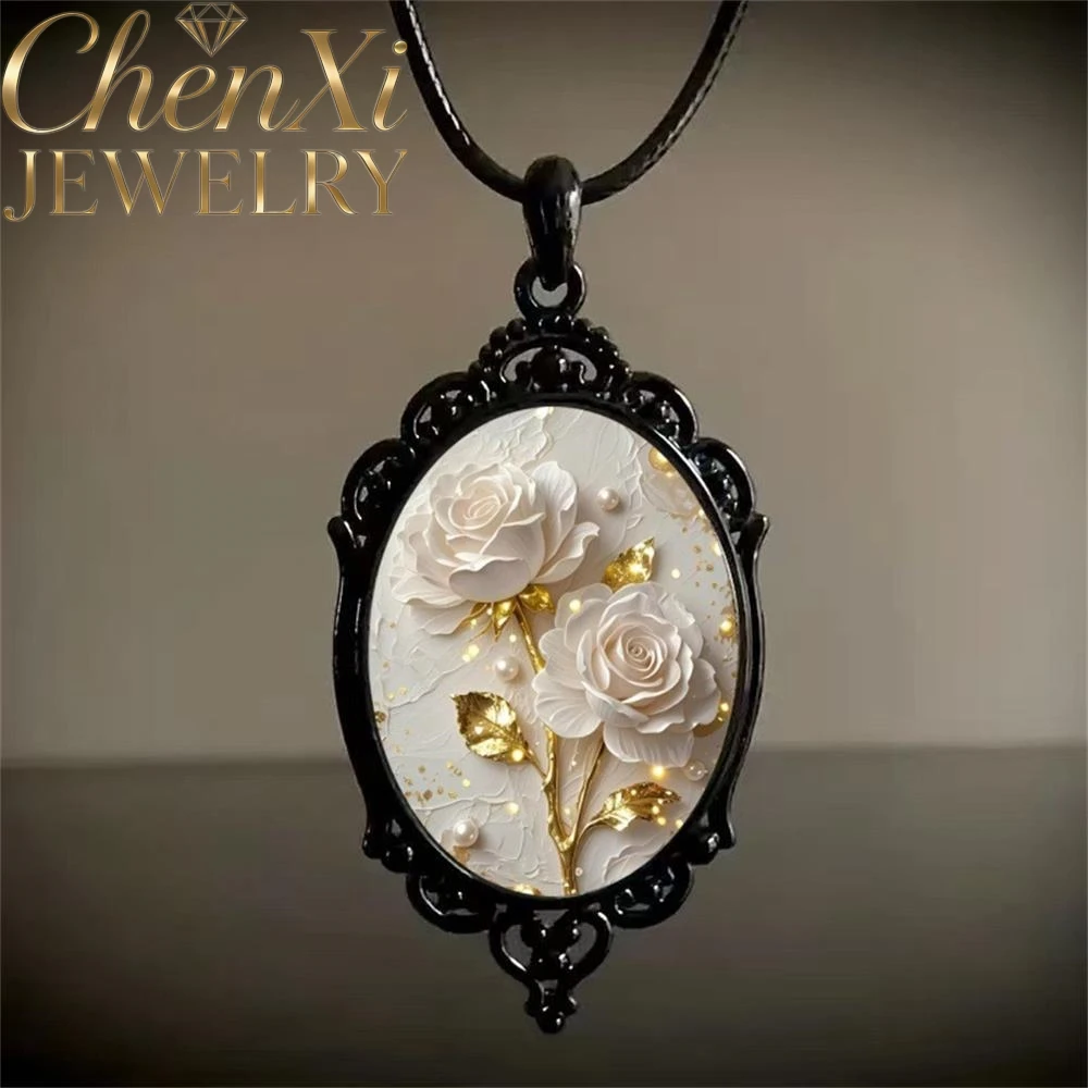 High-End Rose And Peony Flower Oval-Edge Glass Pendant Luxury Quality Fashion Fine Jewelry Exquisite Elegant Charms Popular Gift