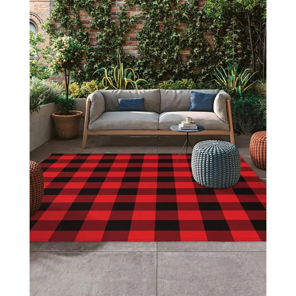 

Red and Black Geometric 5x8ft Outdoor Patio Rug, Washable Deck and Backyard Carpet for Modern Christmas Decor