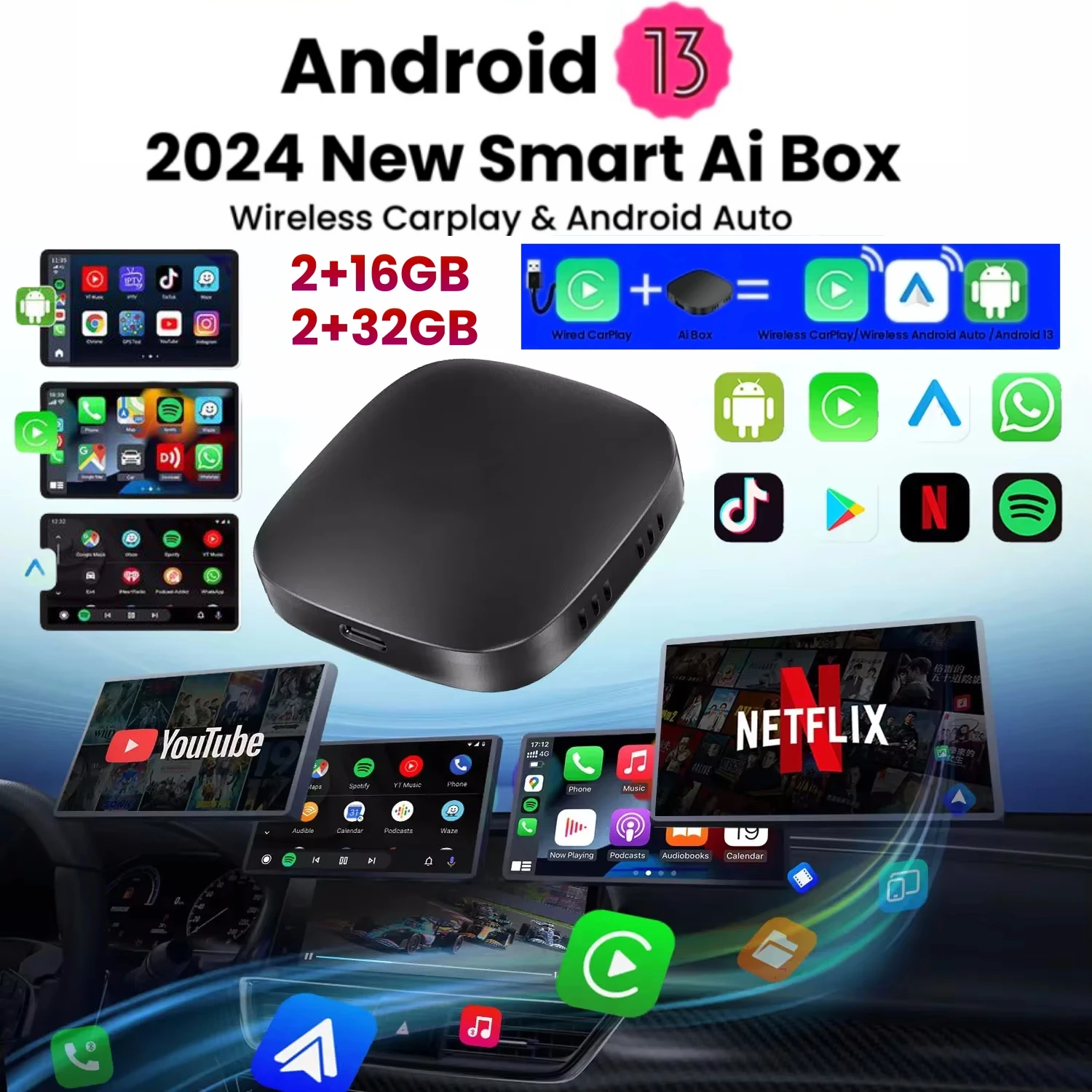 Android 13 Carplay AI Box Wireless Android Auto Smart TV Box For Youtube Netflix Toyota Mazda Hyundai Haval GMC Ford MG VW Kia