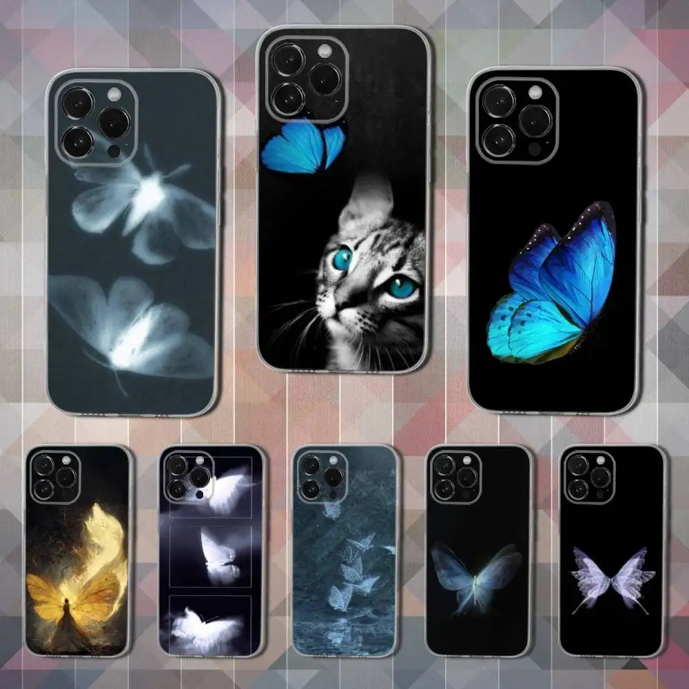

Retro Art Blue Butterfly Phone Case For iPhone 16,15,14,13,12,11 Pro,Max,Plus,X,XS,XR,SE,Mini Transparent Soft Cover