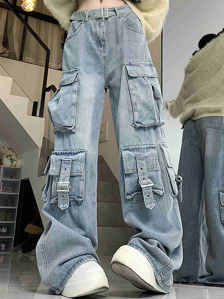 

Woman New High Waist American Street Washed High Street Cargo Jeans Girls Black Multiple Pockets Gothic Loose Slim Stacked Pants