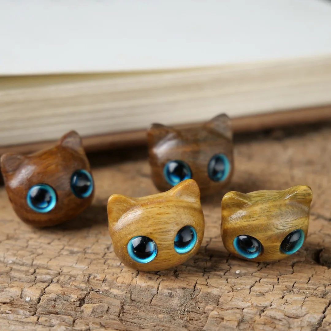 Green Sandalwood Cartoon Wealth Cat Head Keychain Pendant Bag Hanging Ornament DIY Mini Cat Head Accessory Charm Gift
