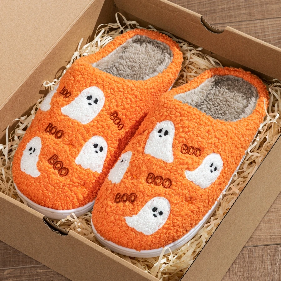 Halloween Kleiner Geist Flauschige Damen-Hausschuhe Winter Warm Weich Gemütlich Schlafzimmer Rutschfest Paar Mode Hausschuhe – Detail 2