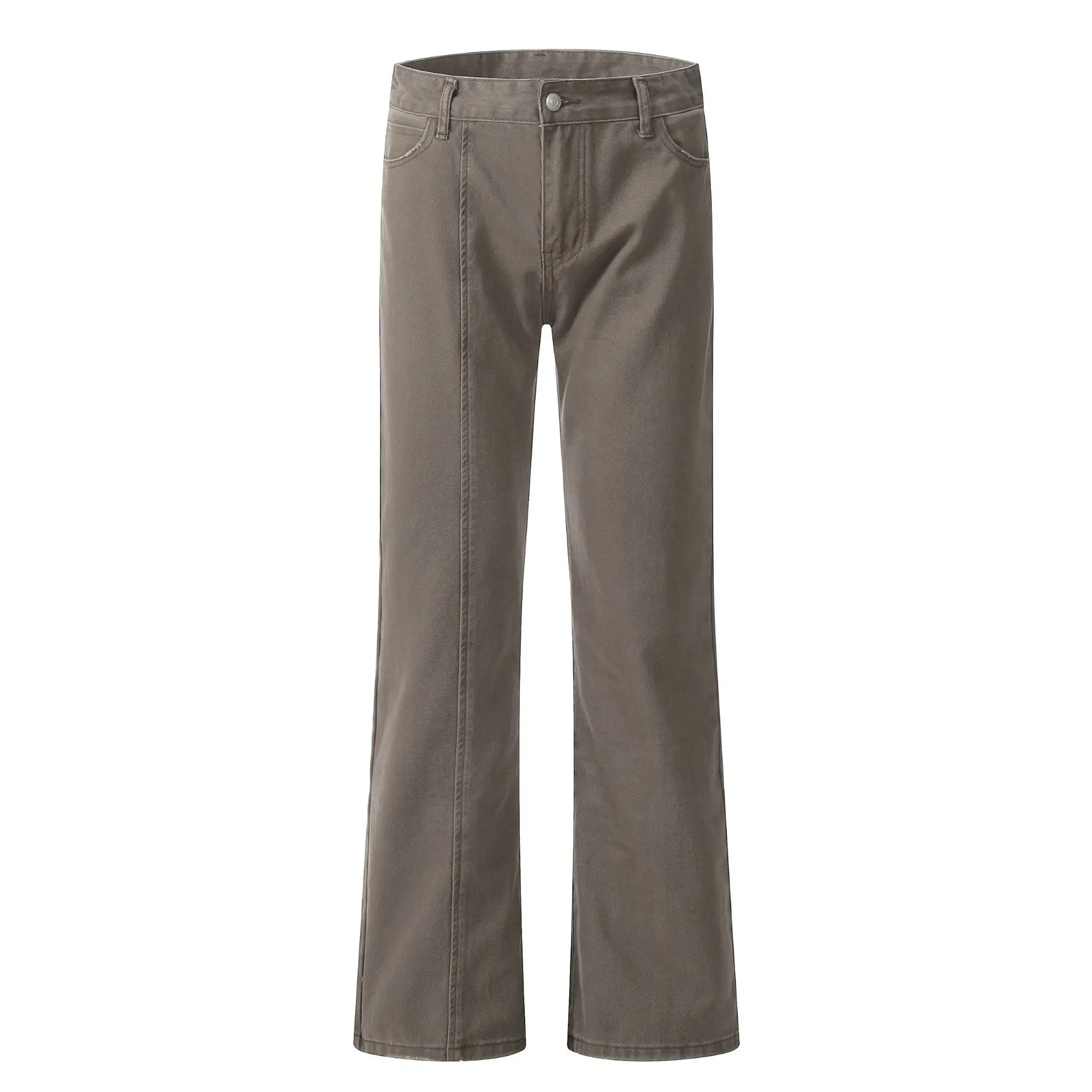 Retro Men Brown Bootcut Jeans Unique Front Vertical Seam Black Washed Denim Flare Pants Street Slim Flared Trousers Unisex