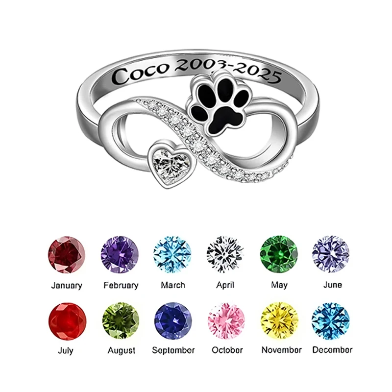 

Personalized Pet Paw Birthstone Ring Custom Pet Name Infinity Heart Dog Paw Print Ring for Women Memorial Gifts For Pets Lovers