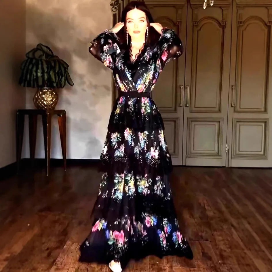 

Eid Dress Abaya Women Kaftan Flower Print Party Dresses Jalabiya Muslim Arab Long Robe Ramadan Morocco Dubai Islam Vestidos