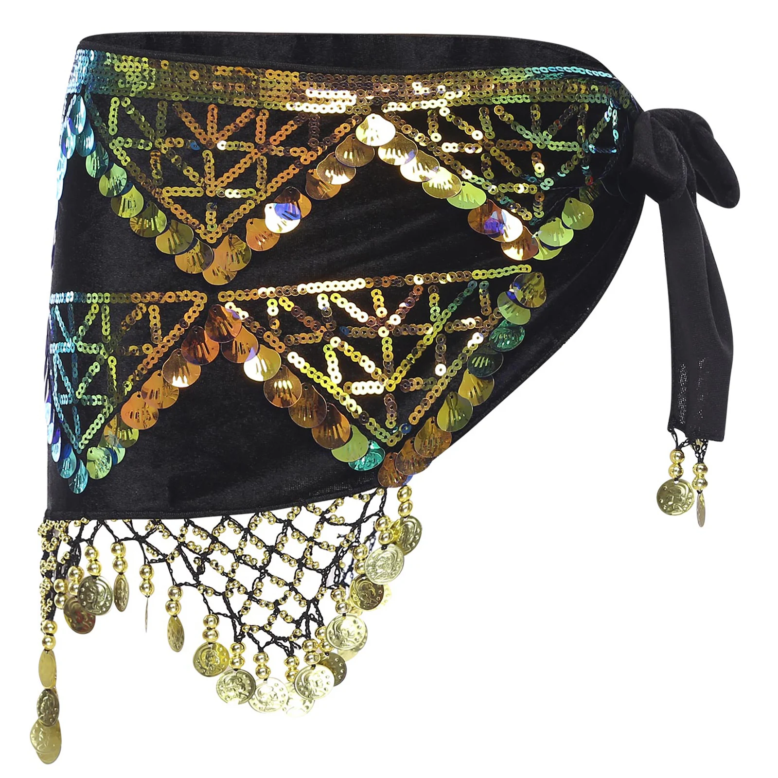 

Womens Belly Dance Skirt Shiny Sequin Tassel Hip Scarf with Fringe Wrap Belly Dancewear for Modern Folk Dance Party Activities
