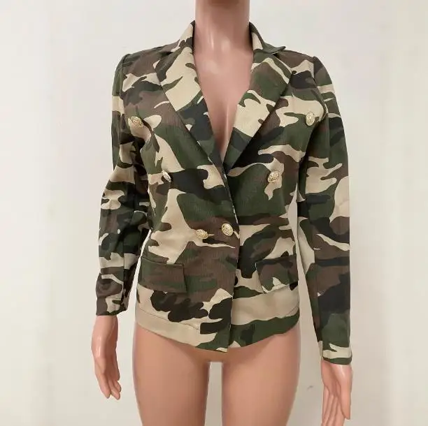

Women's Clothing 2025 Autumn and Winter Fashion Lapel Slim Camouflage Print Wide Shoulder Short Top Suit Jacket for Women