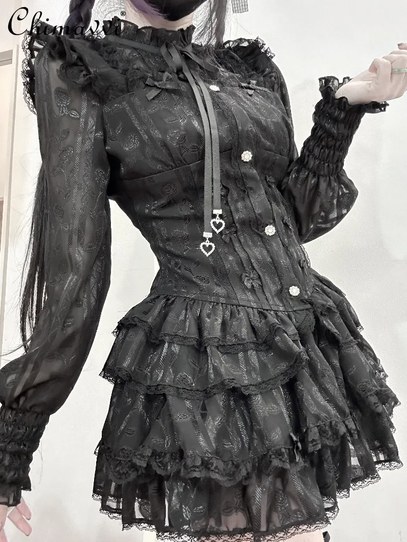 

Original Mass-produced Lace Outfit Spring Summer New Japanese Dark Girl Long-sleeve Shirt Top Pumpkin Pants Womens Two-piece Set