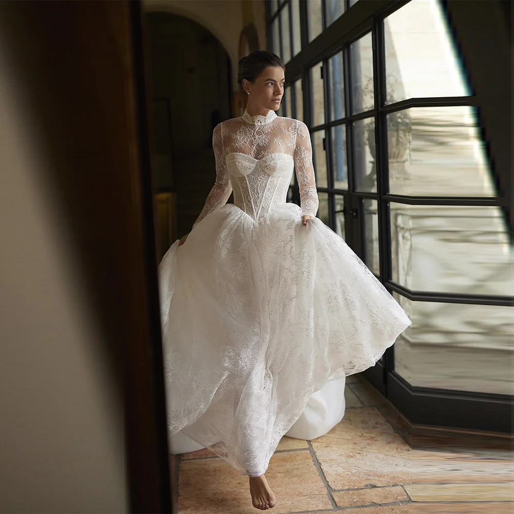 Classic Full Lace Ivory Wedding Dresses High Neck Long Sleeves 2025 Bridal Gowns Floor Length A-Line Wedding Gowns Customized