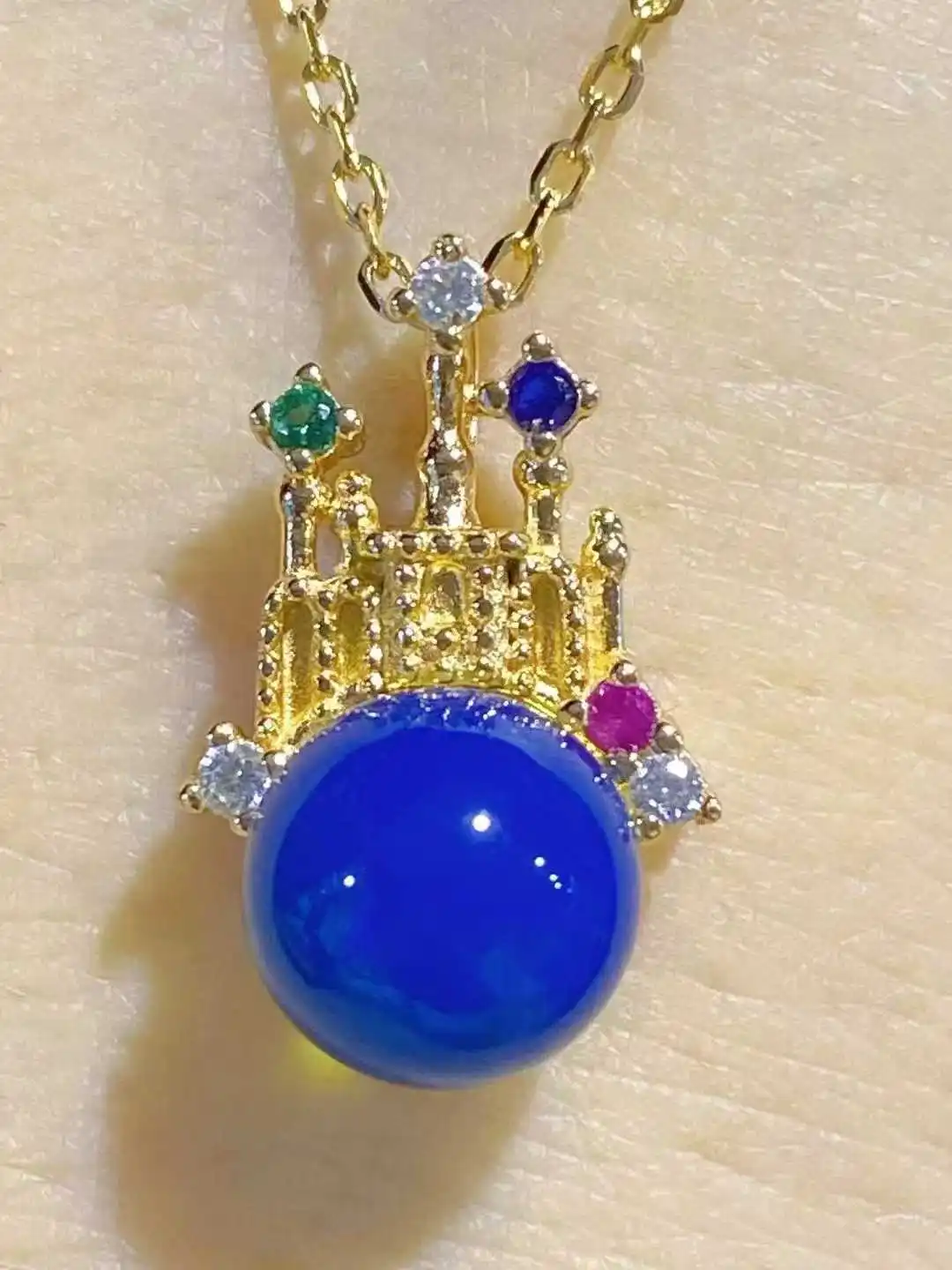 Natural Mexican Blue Amber Sterling Silver Pendant 7mm Castle Design Jewelry for Women Gift